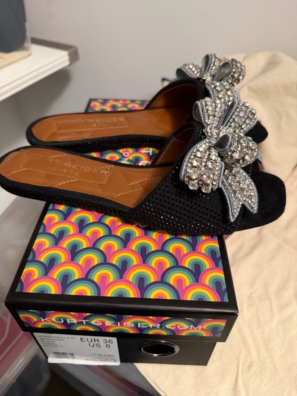 Kurt Geiger Black Slip-On Mules with Crystal Bow - Picture 2 of 5